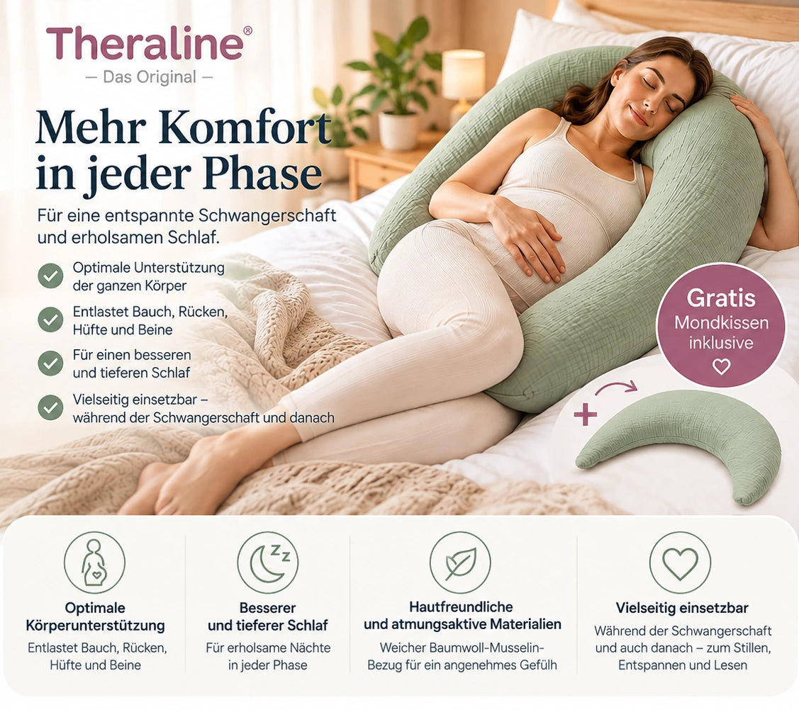 Schwangerschaftskissen in Salbeigrün mit gratis Mondkissen